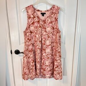 Tahari 100% Linen Pink Leaf Print V-Neck Trapeze Dress XL Lined Pockets Tropical